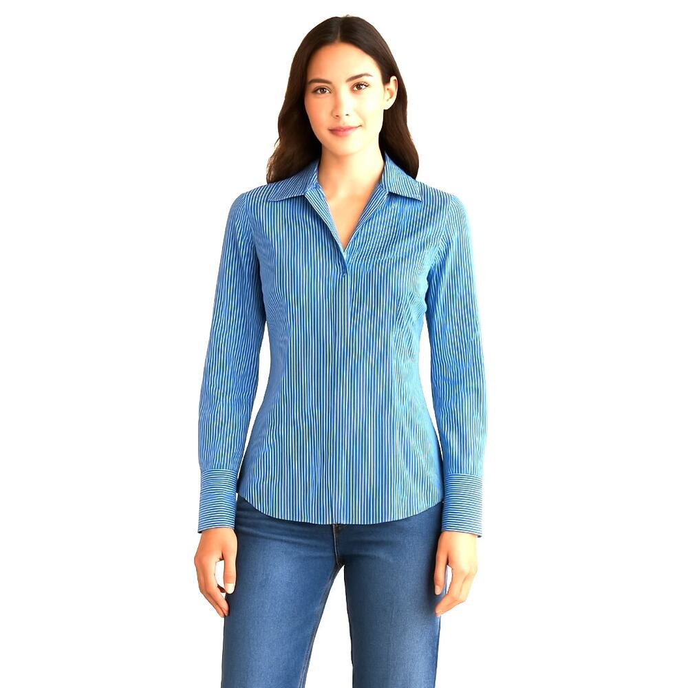Lafayette 148 Kennedy Style Blue & White Pinstripe French Cuff Blouse Size 6 🧵✨